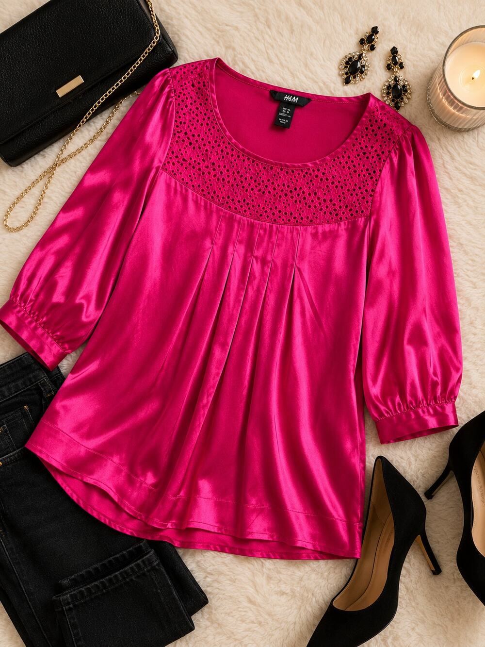 H&M Fuchsia Satin Blouse Size 12 Eyelet Yoke 3/4 Sleeve Dressy Top